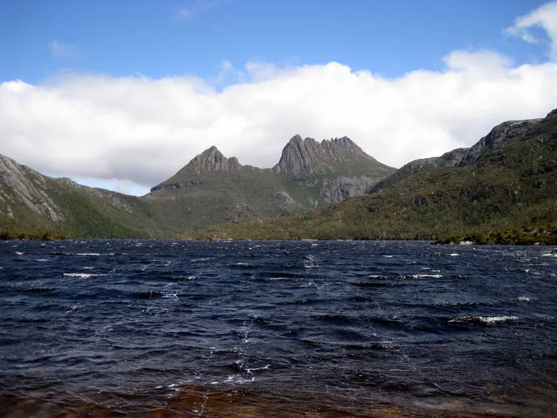 Le Cradle Mountain au-dessus d’un lac balayé par le vent